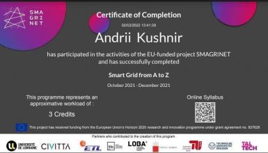 Представники Університету взяли участь у проєкті SMARGRINET та успішно завершили навчання на онлайн курсі Smart Grid from A to Z